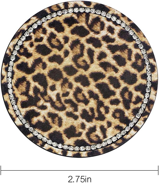Leopard Print Bling Rhinestone Anti Slip Coasters - 2.75" Insert Suitable for Most Cars - 2PCS