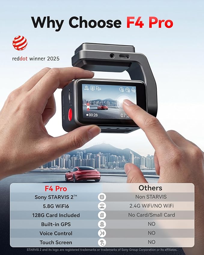 REDTIGER F4 Pro 4K STARVIS 2 Dash Cam, 5.8GHz WiFi 6 Transfer, 128GB Card | 2.2" Touch Screen, Voice Control, Mini Dash Cam Front and Rear with HDR Night Vision, Loop Recording, 24H Parking Mode