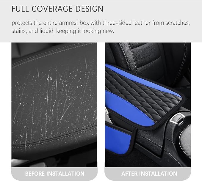 IHOTDER Patchwork Leather Center Console Covers for Cars,Upgraded Arm Rest Cover for Car with Side Storage Pocket for Car Seat Organizer,Middle Console Cover Stylish Car Decoration (Blue)