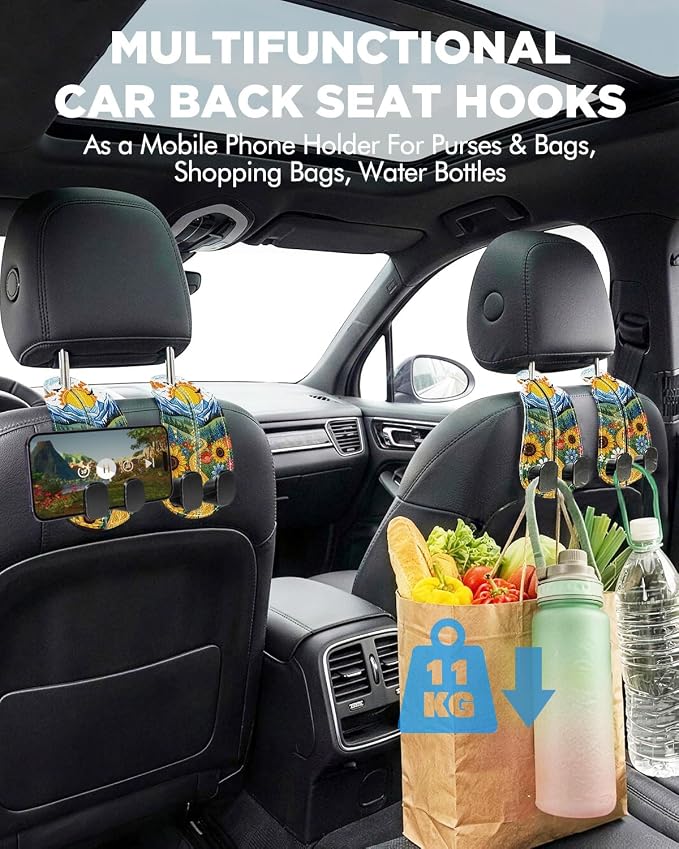 WOCOCN Purse Holder for Car, 2 Pack Heavy Duty Purse Hanger for Car, PU Leather Car Seat Hooks for Purses and Bags, Cute Sunflower Headrest Organizer for Handbags & Backpacks