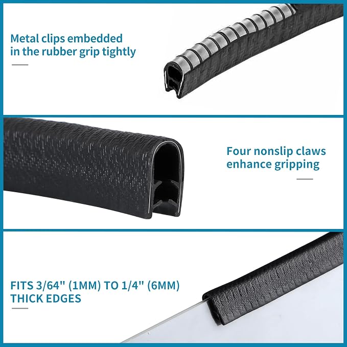 Rubber Edge Trim Guard 32.8ft/10m, Adhesive Free Door Edge Protector, U Shape Edge Seal Strip with Embedded Metal Clips Fits 3/64" to 1/4" Thick Edges (Black)