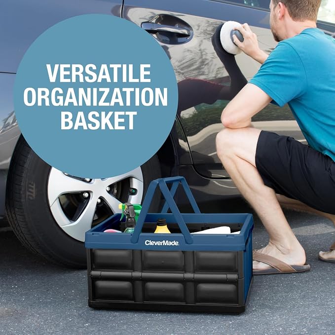 CleverMade Collapsible Shopping Basket 32L – Folding Grocery Basket with Handles, Stackable Reusable Storage Crate with 35 lb Capacity, Recycled Plastic, Car Trunk Organizer - Ocean Blue