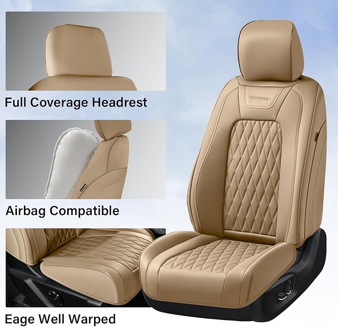 Coverado Premium Leather Truck Seat Covers Full Set – Custom Fit, Waterproof, Heavy Duty, Anti-Spill, Scratch Resistant Protector for Ford F150 2015-2026, F250-F450, Beige