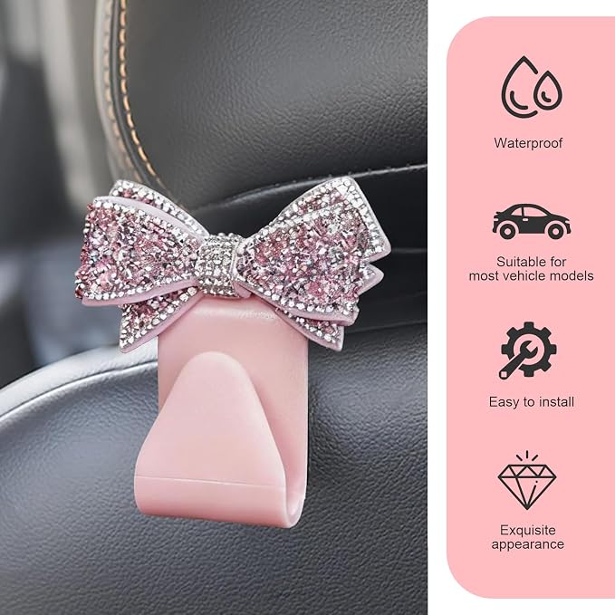 2 PCS Car Bling Seat Headrest Hooks, 3D Butterfly Bow Rhinestone Decoration Hook, Multi-function Storage Hanger for Purses and Bags, Cute Organizer for Car Rear Seat (Pink)