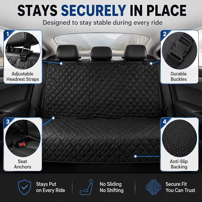 Dog Car Seat Cover & Protector, Pet Back Seat Cover for Cars & SUVs, 62" | Waterproof rear seat cover for dogs, kids & baby boys; fits large SUV & trucks and protects seats from fur & spills.