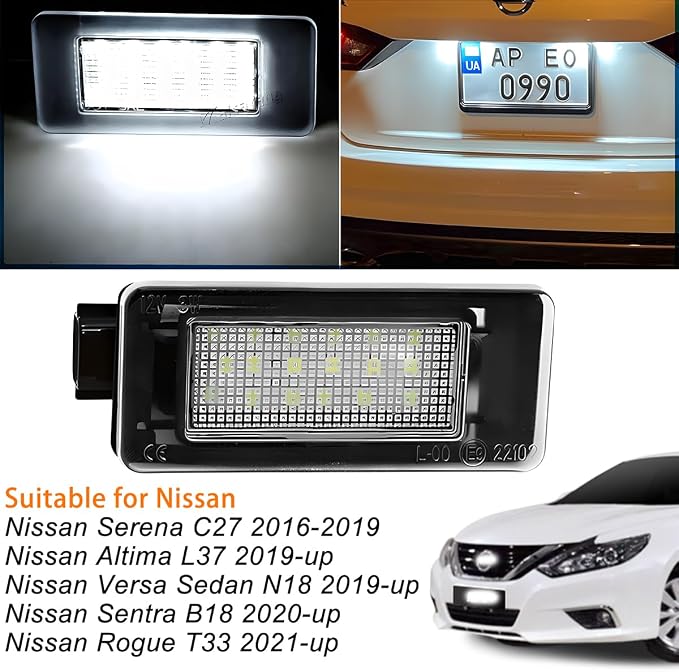 HZEL Car LED License Plate Light, 2PCS Vehicle Rear Tag Lamp Assembly, Automotive Tail Xenon Tag Lighting Kit Replacement Accessories Compatible with Altima Sentra Rogue Versa