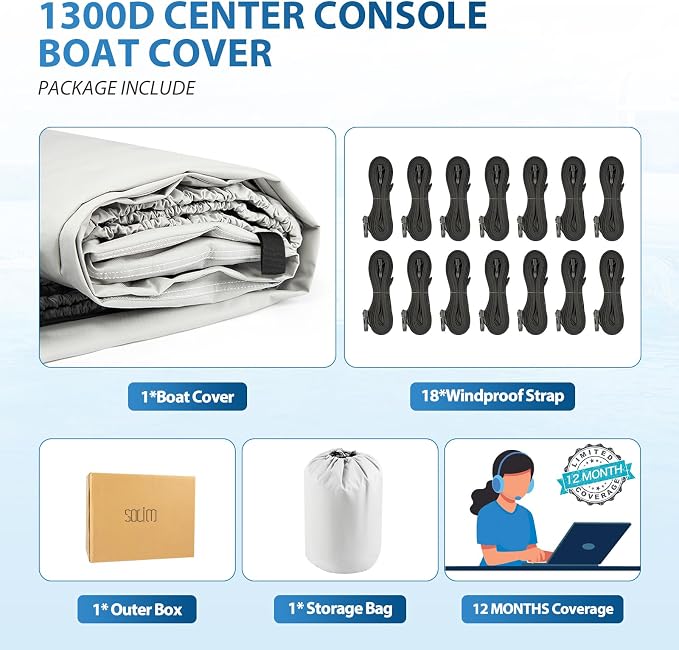Solim Center Console Boat Cover, 20'-22' Waterproof 1300D PU Heavy Duty Marine Grade Boat Cover for Center Console Boat, Trailerable UV Resistant Oxford Polyester Canvas with 18 Tie Down Straps, Gray