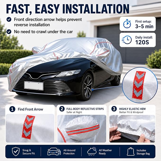 Waterproof All Weather Heavy Duty Vehicle Cover, 360° Underbody Wrap Windproof Design, Quick Install Outdoor Cover,（for Toyota Camry 2001-2025）