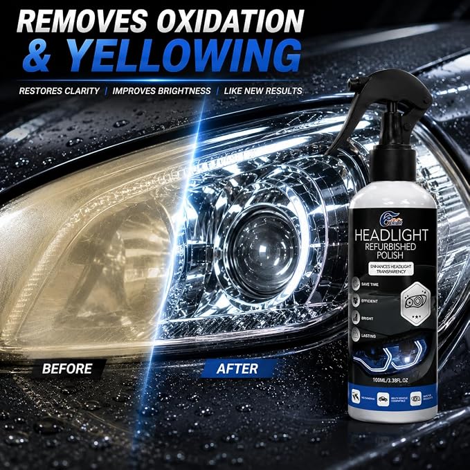 Automotive Headlight Restoration Kit - Fast & Easy Car Headlight Cleaner for Oxidized, Yellowed Headlamps - Refurbishing Fluid Restores Clarity & Brightness for All Vehicle Types