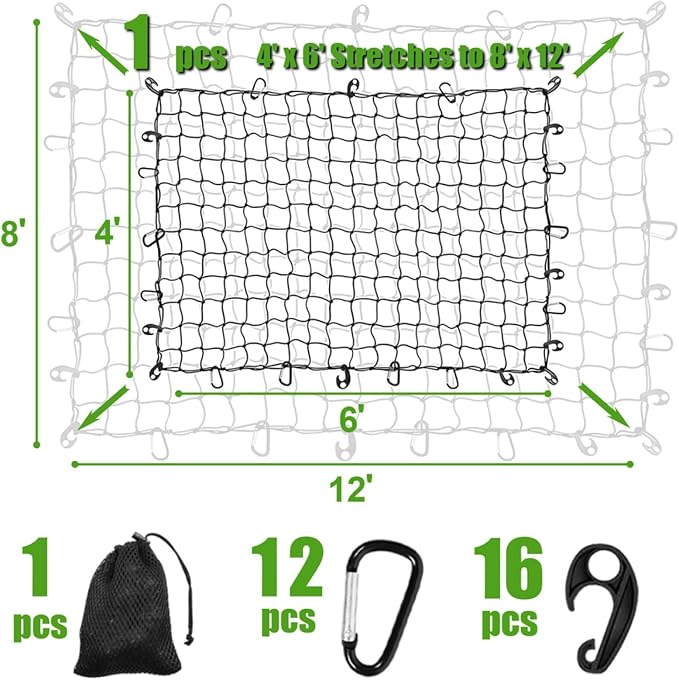 4' x 6' Cargo Net for Pickup Truck Bed Stretches to 6' x 12' Heavy Duty Roof Rack Cargo Bungee Mesh Netting with Hooks Carabiners for Ford Chevy Dodge Ram Toyota