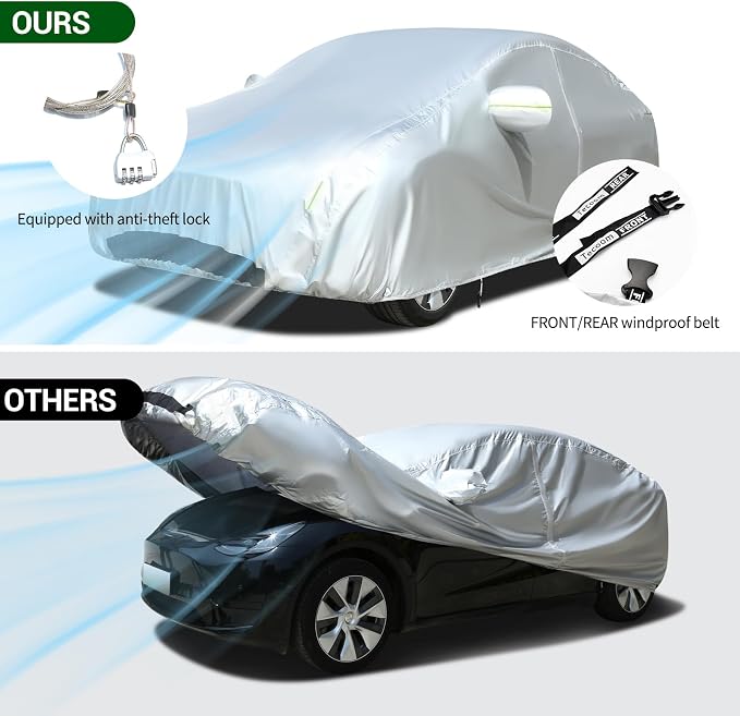 Tecoom Fit for Tesla Model Y Car Cover Waterproof All Weather, Model Y Cover Fit for 2020-2023 Tesla Model Y with Ventilated Mesh, Charge Port Opening, Fleece Lining, Trunk Opening, Zipper Door