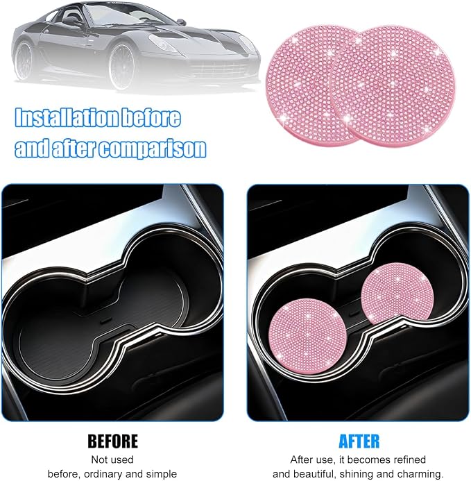 8PCS Bling Car Accessories Set, Sparkly Rhinestone Vehicle Steering Wheel Seat Belt Gear Shift Start Stop Button Cover, Diamond Auto Cup Holder Coaster Decoration, Universal Fit (All Pink)