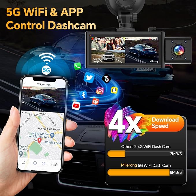 3 Channel 4K Dash Cam Front Rear and Inside with 5G WiFi & APP Control | 4K/2.5K+1080P+1080P Dashcam for Car, Dash Camera with 64GB Card, 24H Parking Monitor, Night Vision, Loop Recording, G-Sensor