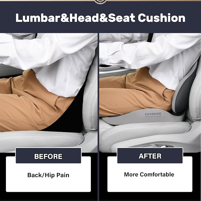 Coverado Seat Cushion and Lumbar Support Pillow for Car Office Chair, Ergonomic Memory Foam Desk Chair Cushion Back Support Pillow, Sciatica & Back & Tailbone Pain Relief Cushion