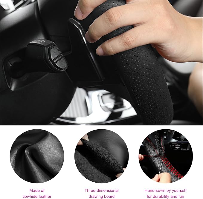 Ziciner Genuine Leather Steering Wheel Cover, Stitch on Wrap, Breathable Anti-Slip Car Steering Wheel Protector for Max Diameter 15 Inch, DIY Sewing with Needles Thread (Black, Glossy)