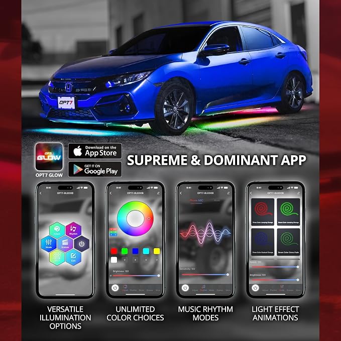 OPT7 Aura DreamColor Underglow Chasing Light Kit with APP & Remote Control | Rainbow Light Effects, RGB-IC LED Strips, 12V Neon Accent Lighting, Waterproof Exterior Underbody Accessories, Universal Fit