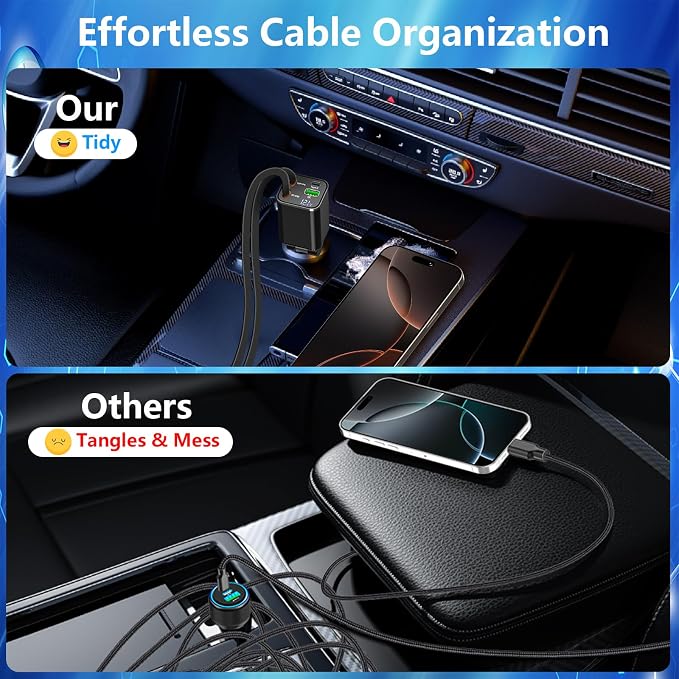 [Apple MFi Certified] Retractable Car Charger USB C, Rombica 120W Car Phone Charger 4 in 1 Car Accessories Adapter PD/QC Type C Fast Car Charging for iPhone 17/17 Pro/16/15/14/13/Galaxy S26/S25/Pixel