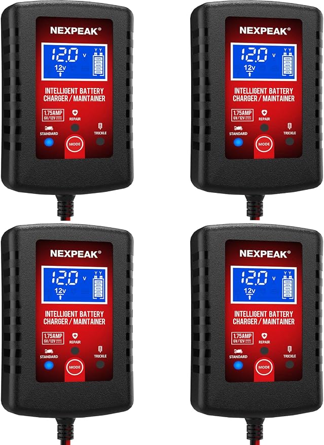 4-Pack 1.75A Car Battery Charger, 6V &12V Smart Battery Trickle Charger | Fully automatic 6V/12V Battery Charger, LCD screen monitors real-time status, Multi-protection for cars, boats, motorcycles