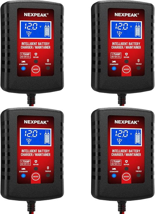 4-Pack 1.75A Car Battery Charger, 6V &12V Smart Battery Trickle Charger | Fully automatic 6V/12V Battery Charger, LCD screen monitors real-time status, Multi-protection for cars, boats, motorcycles