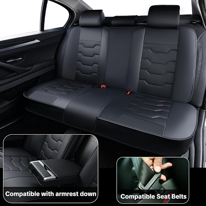Black Car Seat Cover Full Set Kit, Universal Car Seat Cover for Car | Waterproof Leather, Protect & Upgrade Car Interior, Airbag Compatible, Easy to Install & Clean, For SUV, Pickup Truck, Sedan