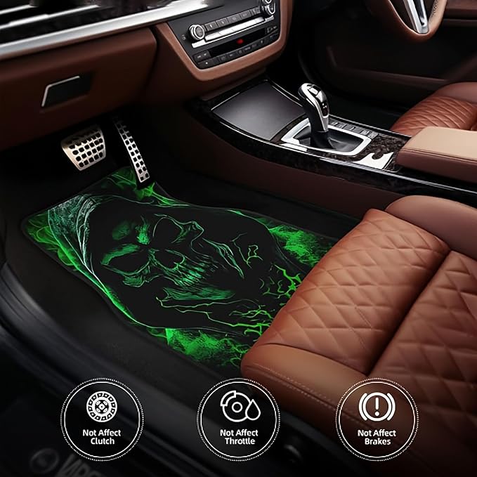 Universal Fit Car Floor Mats Set of 4Pcs, Green Horror Skull All-Weather Front Rear Car Carpet Mats, Non-Slip Car Floor Mat Car Accessories for Automotive Trucks SUV Sedans Vans