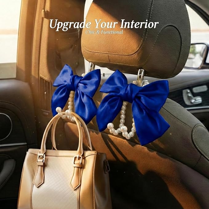 2PCS Satin Bow Pearl Car Seat Headrest Hooks – Car Bag Holder & Vehicle Hanger for Purses – Cute Coquette Aesthetic Interior Decoration – Cute Auto Organizer Accessories Universal (Deep Blue)