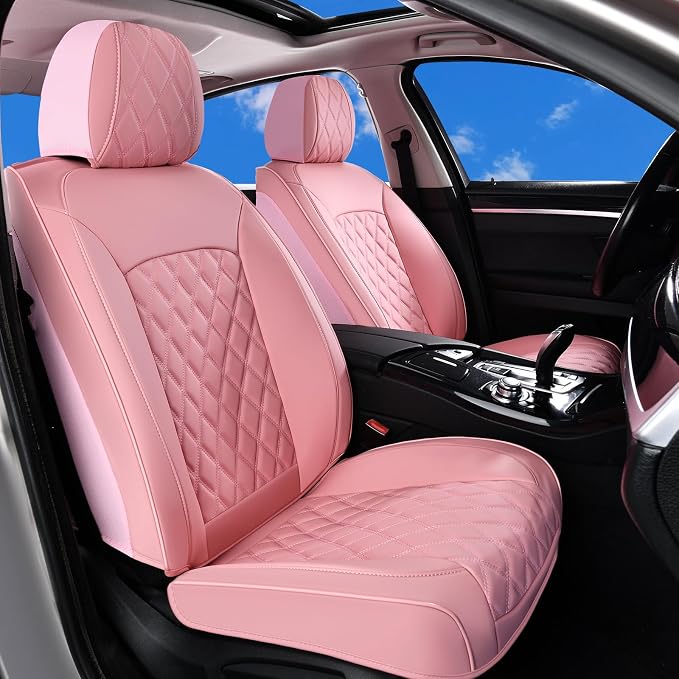 Huidasource Pink Seat Covers, Nappa Leather Car Seat Covers, Velcro Adjustable, Compatible with Airbags, Child Seat, Seat Belts, Fit for Most Cars, Vans, Trucks, SUVs (Full Set/Pink)