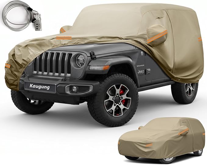 Kaugung Custom Fit Car Cover for Jeep Wrangler 2 Door CJ YJ TJ JK JL, All Weather Waterproof Outdoor SUV Cover with Sun Rain Snow UV Protection, Driver Door Zipper, Mirror Pockets & Vents
