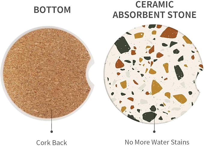 Britimes Absorbent Car Coasters 2 Pack for Cup Holders, 2.56" Ceramic Stone & Non-Scratch Cork Base Drink Coasters Cupholder Terrazzo