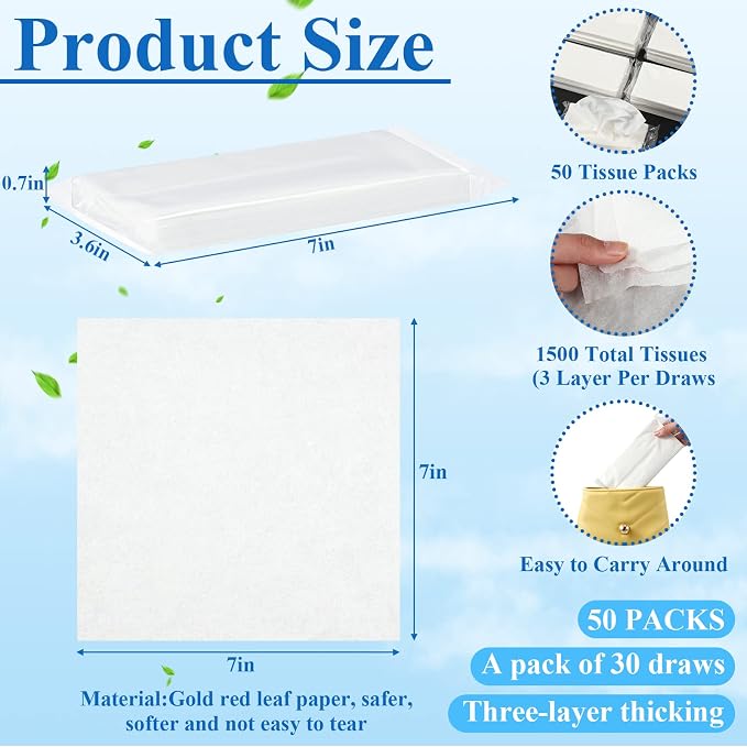 Crtiin 50 Pack Car Tissues Refill Auto Visor Tissues for Car Napkin Holder Refills Face Towel for Auto Sun Visor Travel, Soft and Smooth,3 ply,1500 Sheets