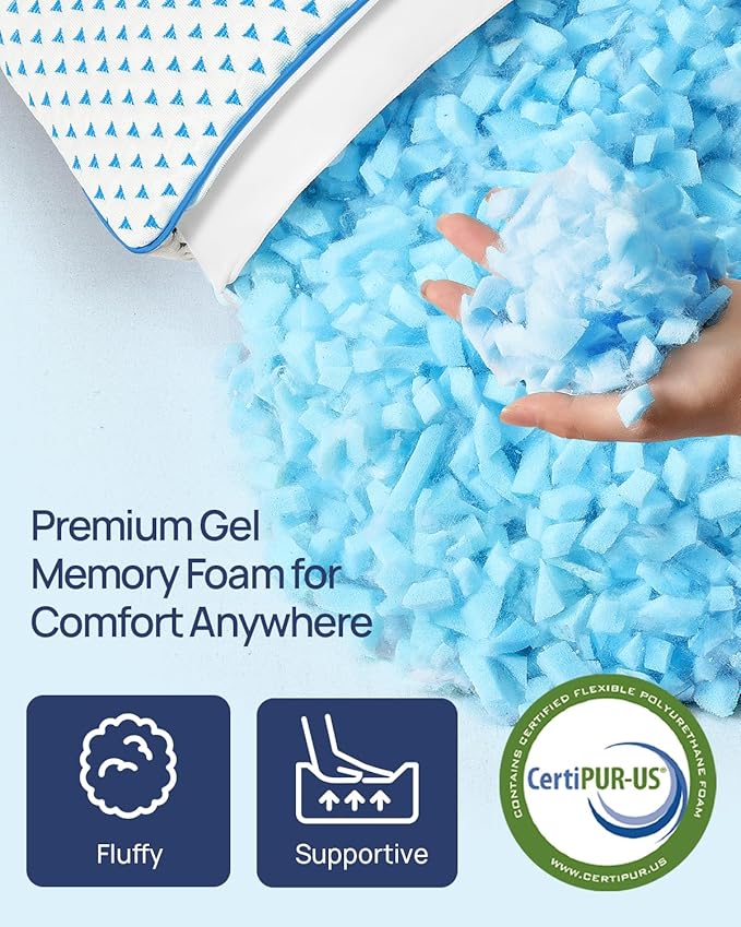Adjustable Small Cooling Memory Foam Pillow for Travel, Camping & Airplane | Compressible, Mini Shredded Foam Bed Pillow for Medium Firm Neck Knee Lumbar Support, Ideal Car Sleeping, Backpacking, Hiking