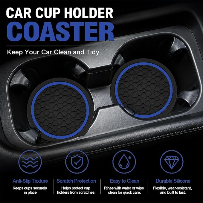 4PCS Car Cup Holder Coasters - 2.75 Inch Non-Slip Insert Water Bottle Holder Pads, Dustproof Automotive Interior Accessories Mat, Universal for Vehicles, Trucks, RVs (Blue)