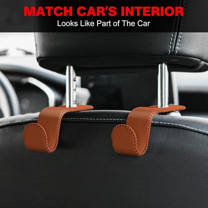 AMVOYOA Leather-Wrapped Car Headrest Hooks & Seat Back Organizer - 2 Pack U-Shaped Car Purse Holder for Bags, Coats, Handcrafted Stitching, Flexible Car Accessories for Women (Brown)