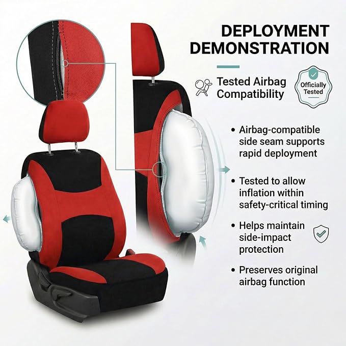 FH Group Universal Automotive Seat Covers 8 Seater Set | Light & Breezy Flat Cloth Washable Car Seat Cover for SUV, Sedan, Truck | Airbag Compatible Interior Upgrade - Red/Black
