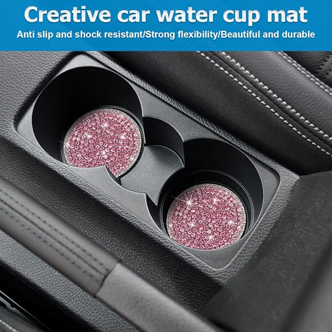 Bling Car Cup Holder Coaster, 2PCS 2.75 Inch Crystal Rhinestone Anti Slip Vehicle Drink Cup Mat for Women Girls, Auto Interior Embedded in Ornaments. Universal for SUV RV Truck (Pink)