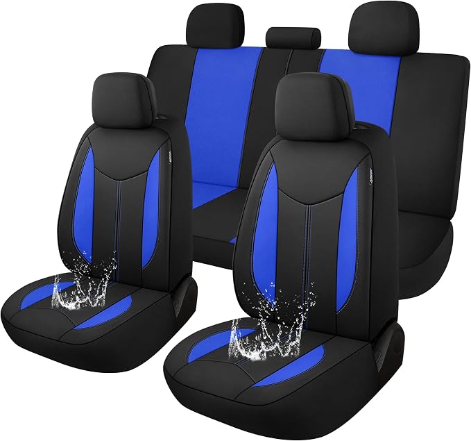 CAROMOP Waterproof Car Seat Cover Full Seats, Neoprene Seat Covers for Cars,Split Bench Compatible Car Interior Covers, Universal Fit Most Car Sedan Truck SUV(Black/Blue)