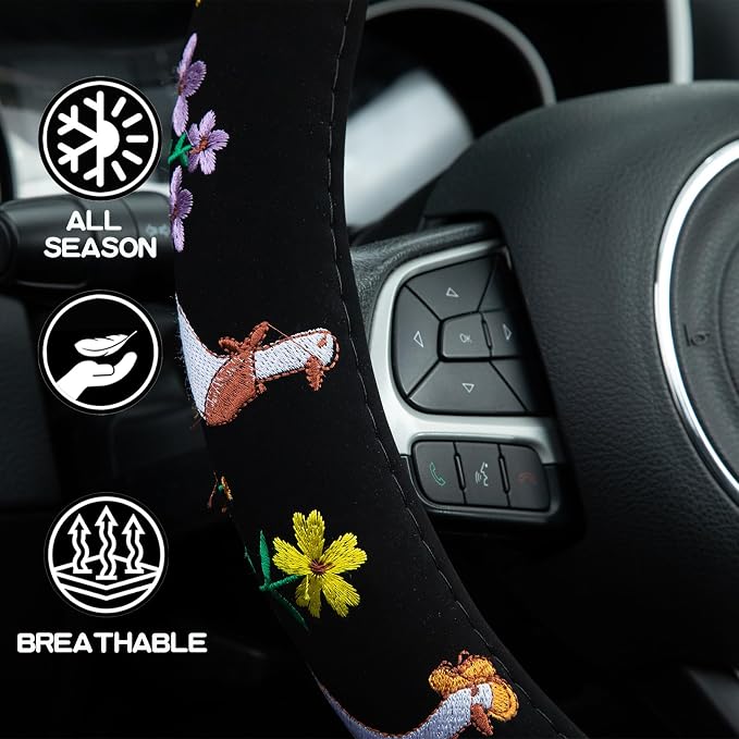 Embroidered Goose Cute Black Steering Wheel Cover, Auto Anti-Slip Breathable Steering Wheel Protector, Goose Car Accessories for Women,Universal Size Fit Most Cars -15 inch