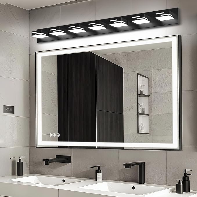 LED Modern Bathroom Vanity Light Fixtures, Dimmable Matte Black Vanity Lights for Bathroom Lighting Fixtures Over Mirror, with 360° Rotatable Acrylic Heads 7-Light 48-inch (Cool White 6000K)