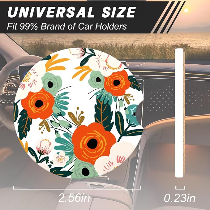 Aiawoxc Car Cup Holder Coasters, 2 Pack Universal Auto Anti Slip Insert Coaster with A Finger Notch, Cup Mat for Most Car Interior, White Flower
