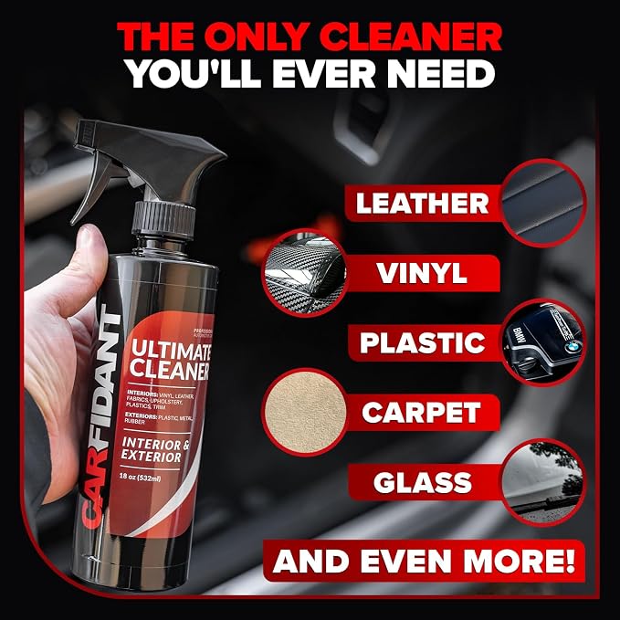 Carfidant Car Interior Cleaner – Stain Remover & Odor Eliminator – No Residue Finish – Safe on Leather, Fabric, Carpet & Plastic – Detailing Spray with Microfiber Towel – 32oz