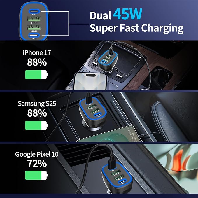 90W 4 Ports USB C Super Fast Car Charger for iPhone 17/Android Car Adapter | Dual 45W USBC& 22.5W USB Port, Roadtrip Essentials, Multi Port Car Charger, 12V Cigarette Lighter Adapter, Car Accessories