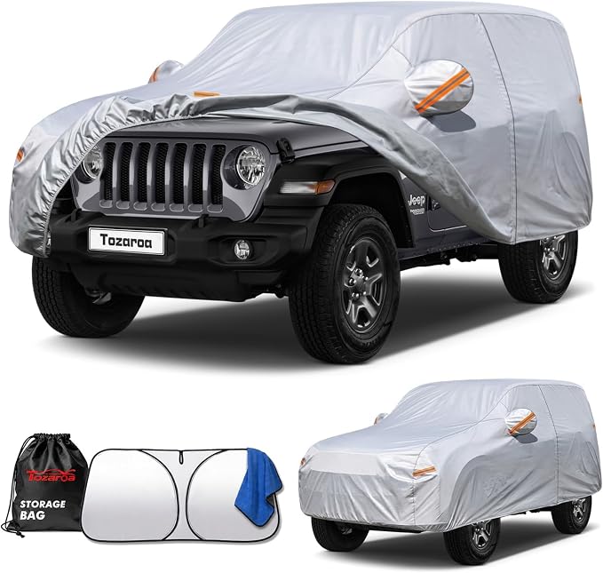 Jeep Wrangler 2 Door Cover Waterproof All-Weather,Outdoor Full Exterior SUV Cover for Wrangler YJ TJ JK JL(1987-2026),with Windshield Sun Shade,Towel&Storage Bag,Size J2 (See Size Chart)