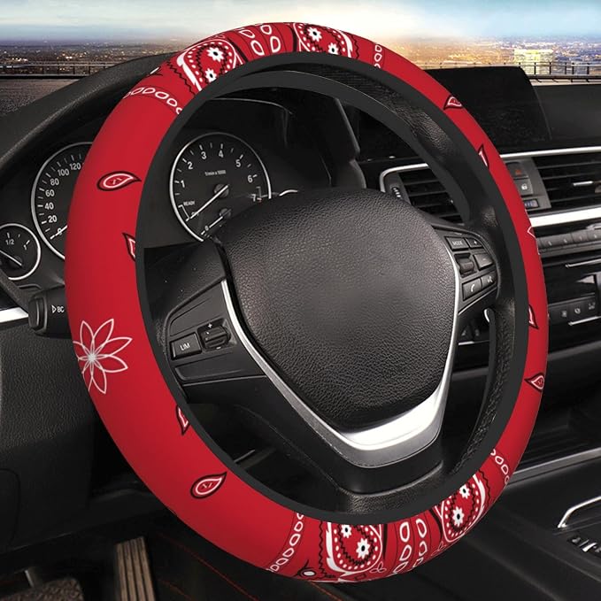Black Border Red Bandana Colorful Paisley Bandanna Steering Wheel Cover Non-Slip Auto Steering Wheel Protector Car Accessories Universal Fit 15 Inches for Men Women