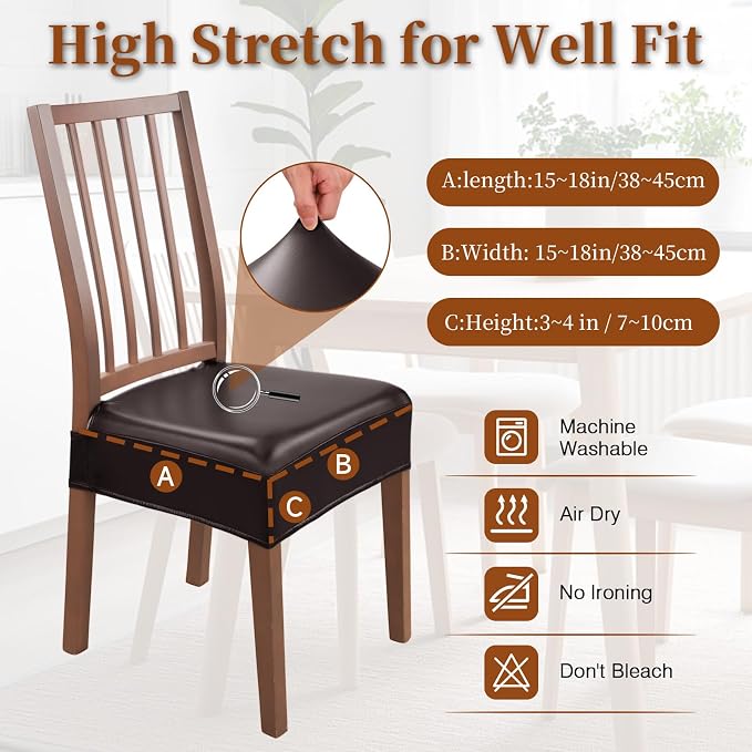 Waterproof Dining Chair Seat Covers Leather Kitchen Seat Covers, Stain Resistant Stretch Chair Seat Covers for Dining Room Chairs Set of 8, Rear Covered Washable Dining Chair Cover Dark Coffee
