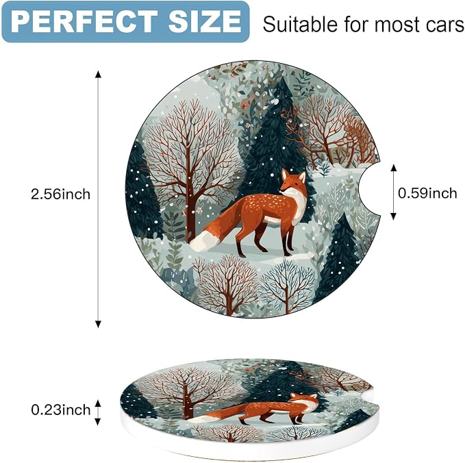 Car Cup Holder Coaster Set of 2, 2.56 in Ceramic Coasters, Scratch-Resistant Cork Backing, Finger Groove Design for Easy Placement, Cute Car Accessories Interior for Women (Snow Fox)
