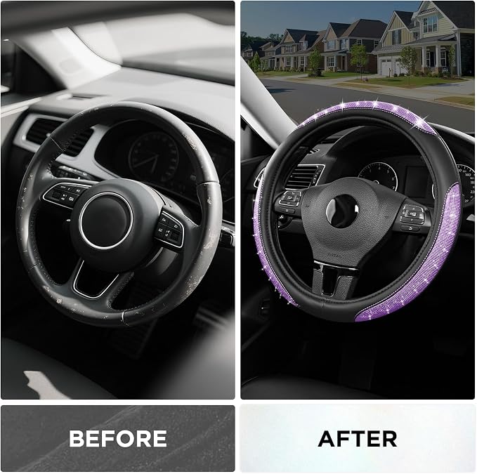 Road Comforts Pixel Glitter Steering Wheel Cover, 14.5–15 Inch Leather Steering Wheels Snug Fit, Anti-Slip Leather Grip, Elegant Sparkle Design, Universal Fit - Purple