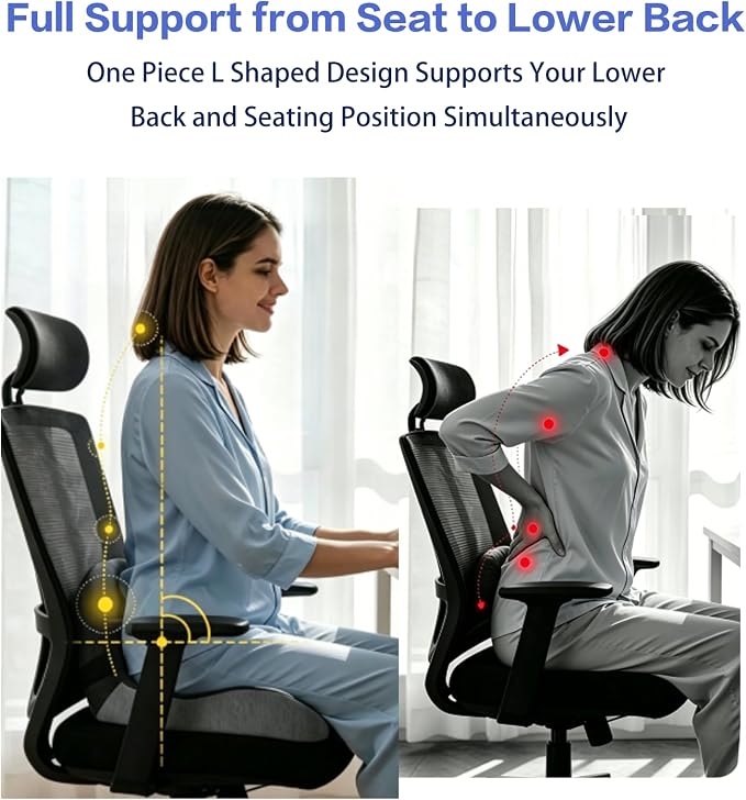 Back and Seat Cushion for Office Chair | Wide ergonomic memory foam, coccyx cutout & adjustable straps, tailbone & back relief, non-slip for car, home & gaming