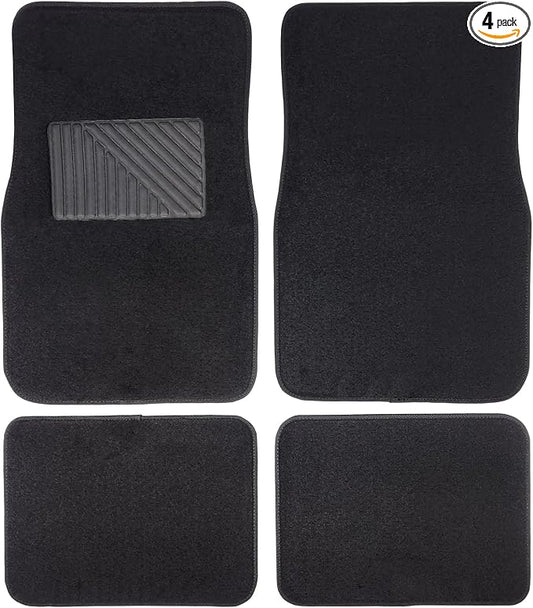 Premium 4-Piece Carpet Car Floor Mats Set with Heel Pad - Universal Fit for for Cars, Trucks & SUVS (Black)