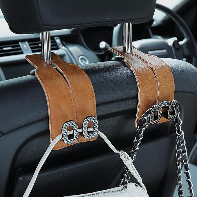 Car Headrest Hooks Universal Car Purse Hook Premium Leather and Alloy Twin Hook Car Seat Back Storage Hanger Hook for Purse Bags Cloth Drink Durable Holder Car Accessories (BH09-Brown-Black)