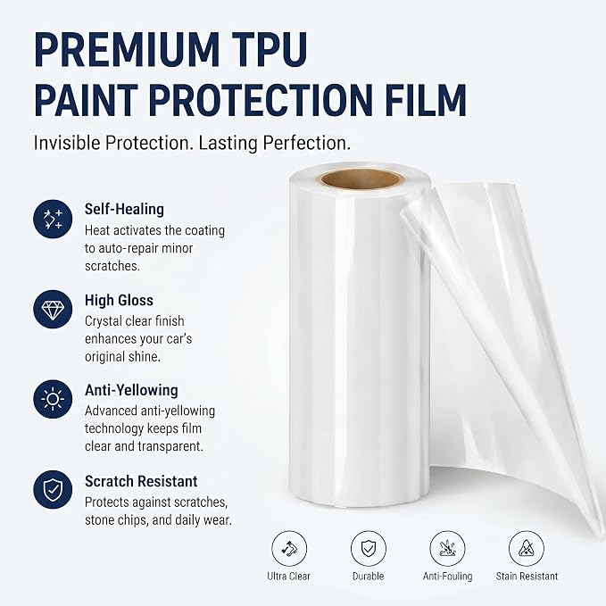 Piano Black PPF Paint Protection Film – 5FT x 50FT Roll with PET Liner, Ultra Gloss Finish, Bubble-Free & Repositionable Adhesive, UV Protection for Tesla Model Y/SUV/Truck (Gloss Clear)